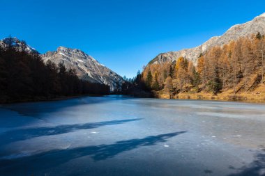 Donmuş Palpuogna Gölü 'nün göz kamaştırıcı manzarası, Sonbaharda Piz Ela' nın zirvesi, İsviçre Grisonlar Kantonu