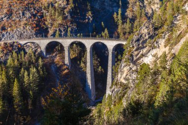 Alpler ve renkli ağaçlarla dolu bir sonbahar gününde öğleden sonra güneşli Landvasser Viaduct manzarası göz kamaştırıcı.