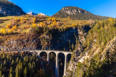 Alpler ve renkli ağaçlarla dolu bir sonbahar gününde öğleden sonra güneşli Landvasser Viaduct manzarası göz kamaştırıcı.