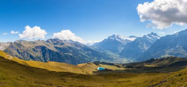 Wetterhorn, Schreckhorn, Alp Dağları ve Bernese Oberland 'da güneşli bir yaz gününde Grindelwald kasabası manzarası..
