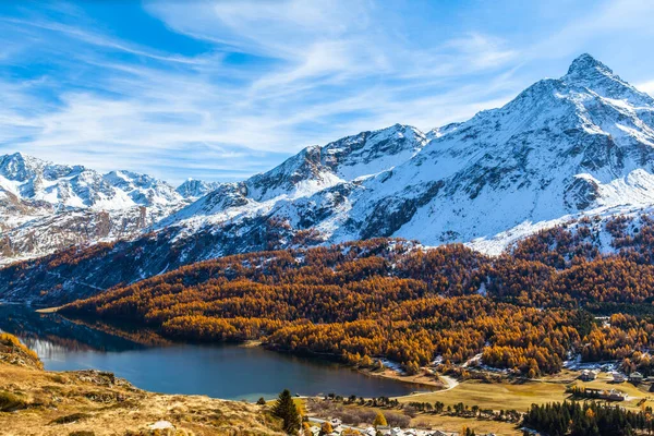 Εκπληκτική Θέα Της Λίμνης Sils Και Των Ελβετικών Άλπεων Συμπεριλαμβανομένης — Φωτογραφία Αρχείου