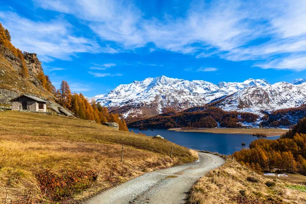 Impresionante Vista Ruta Senderismo Aldea Grevasalvas Hacia Lago Sils Los — Foto de Stock