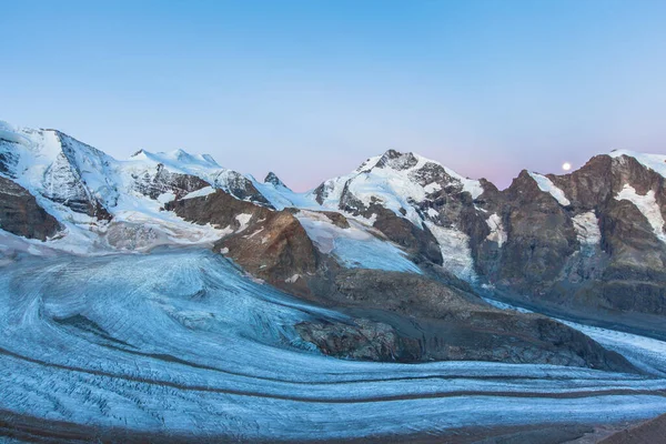 Stunning View Bernina Massive Morteratsch Glacier Mountain House Diavolezza Dawn — Stock Photo, Image