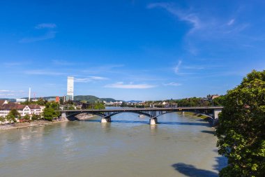 Basel şehrinin panorama manzarası ve Ren nehri Basel Minster katedralinin arkasındaki bitki formundan.