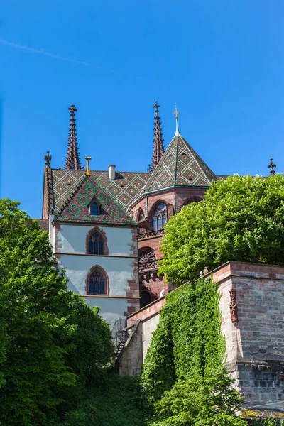 Vista Catedral Basilea Minster Basel Minster Basler Munster Desde Bote — Foto de Stock