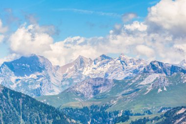 Bernese Oberland 'da yürüyüş yolu manzaralı ve arka planda ağaçlar ve İsviçre' nin dağ sıraları var..