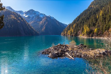 Jiuzhaigou Ulusal Parkı, Sichuan Eyaleti, Çin 'deki Gölü ve Ormanı Coloeful Manzarası