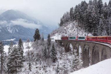 İsviçre 'de viyadük üzerinden geçen ünlü gezi treni, kışın Buzul Ekspresi