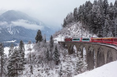 Famous sightseeing train running over viaduct in Switzerland, the Glacier Express in winter clipart
