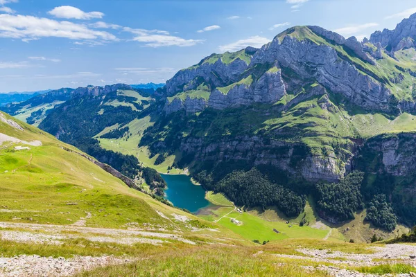 Panorama Utsikt Över Seealpsee Sjö Och Alpstein Massivet Schweiz — Stockfoto