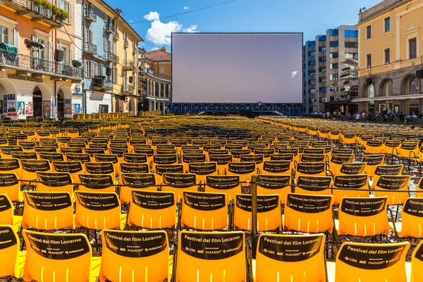 Locarno, Switzerland - August 16, 2014 - The large open-air screen and chairs at the Piazza Grande in Locarno for the Annual International Film Festival.