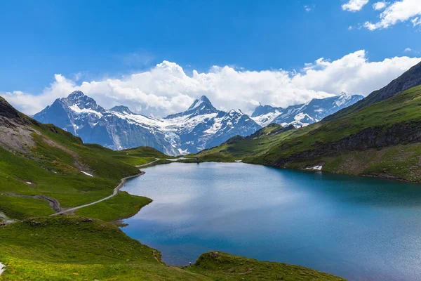 Πανόραμα Άποψη Του Bachalpsee Και Χιόνι Coverd Κορυφές Συμπεριλαμβανομένων Schreckhorn — Φωτογραφία Αρχείου