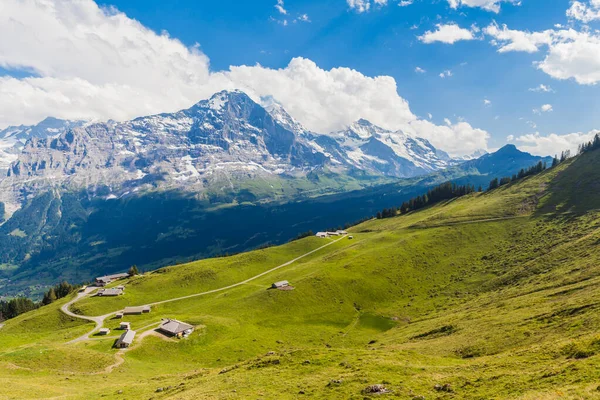 Panoramautsikt Över Berömda Toppar Eiger Monch Och Jungfrau Schweiziska Alperna — Stockfoto