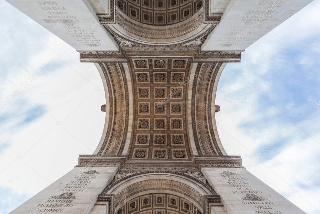 Detail view of the Arc de Triomphe (Arch of Triumph), upward view when standing under the Arch, Paris, France