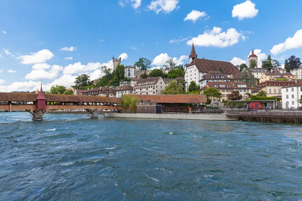 Panorama View Lucerne Old Town River Side Reuss Famous Musegg — Stock Photo, Image