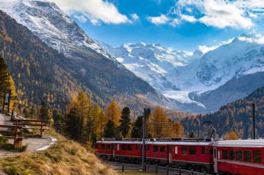 Sonbaharda Morteratsch Buzulu 'nun altından mavi gökyüzü bulutuyla geçen kırmızı Rhaetian treninin çarpıcı manzarası, demiryolu hattı Bernina Express, Grisonlar Kanonu, İsviçre