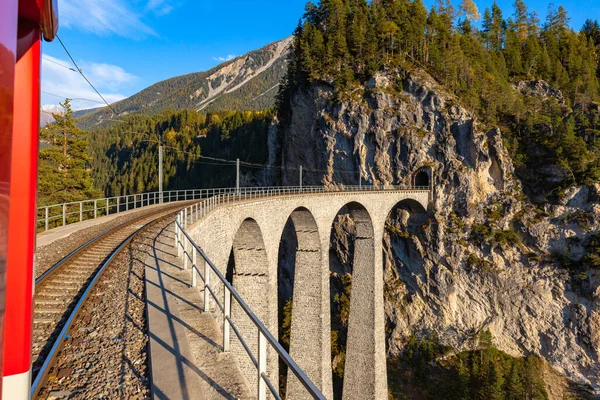 Travel Red Rhaetian Railway Sightseeing Train Bernina Express Running Landwasser — Stock Photo, Image