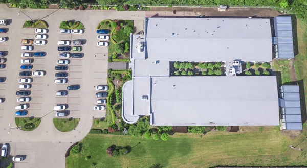 Typical light industrial and small business office viewed from above. Aerial to view