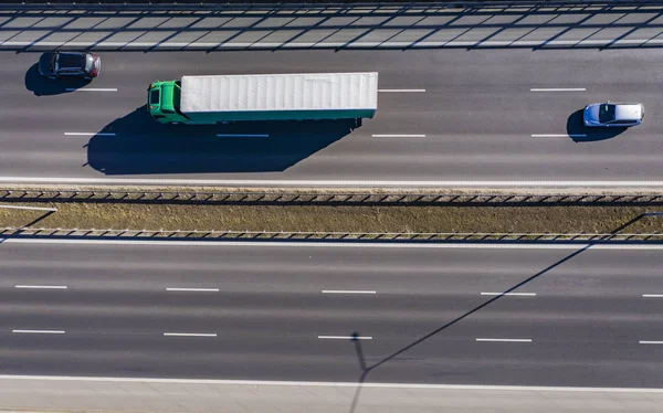 Aerial Shot of the White Truck with Semi Trailer Moving on the H