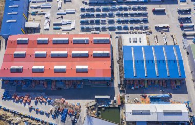 Depo depolama veya endüstriyel fabrika veya logis havadan görünümü