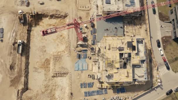Busy Construction Site Construction Equipment Aerial — Stock Video
