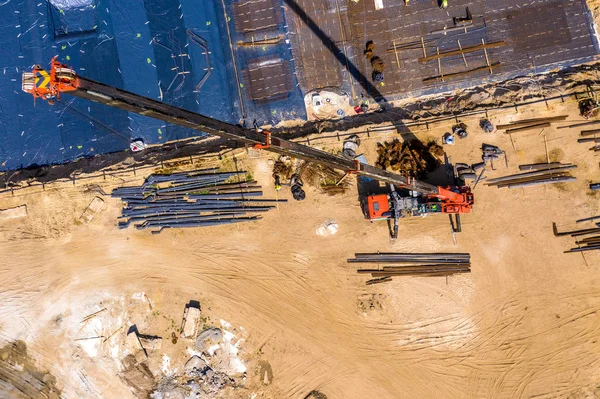 Fotografia aérea do local de construção ocupado. Construção Residencial — Fotografia de Stock