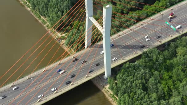 Modern cable stayed bridge and car traffic on background. Highway traffic jam. Aerial View — Stock Video