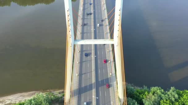 Αεροφωτογραφία της κυκλοφορίας των οχημάτων στη σύγχρονη γέφυρα πάνω από τον ποταμό στην πόλη στη θερινή ημέρα — Αρχείο Βίντεο