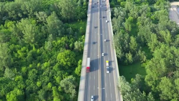 Luchtfoto van het autoverkeer op de moderne brug over de rivier in stad in zomerdag — Stockvideo