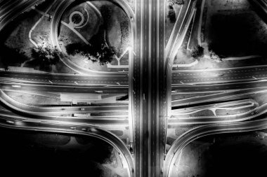 Gece Meşgul Karayolu Yol Kavşaklar Yukarıda Havadan Görünümü. I