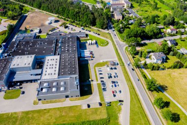 Dağıtım Merkezi hava dron görünümü. Lojistik ve nakliye