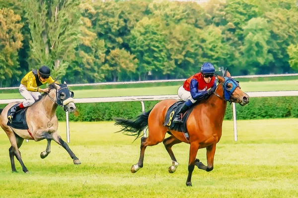 Pferderennen Reiten Sport Jockeys Wettbewerb Pferde fließendes Wasser — Stockfoto