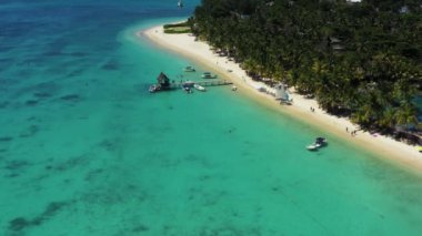 Mauritius 'ta tropik bir sahil. Palmiyeli ve mavi şeffaf okyanuslu kumsal. Hava görünümü