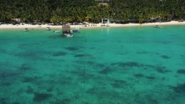Mauritius 'ta tropik bir sahil. Palmiyeli ve mavi şeffaf okyanuslu kumsal. Hava görünümü
