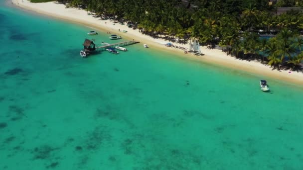 Playa tropical en Mauricio. Playa de arena con palmeras y océano azul transparente. Vista aérea — Vídeos de Stock