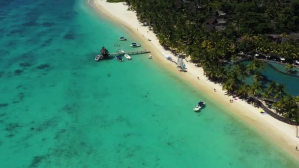 Plajă de-a lungul malului mării și recifuri de corali și palmieri, Mauritius, Africa, Pier lângă plaja insulei Mauritius — Videoclip de stoc