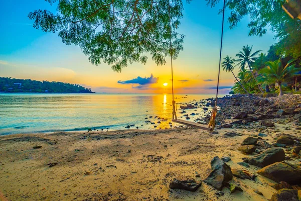 Vacker Solnedgång Över Stranden Med Kokospalm Och Hängande Woodden Swing — Stockfoto