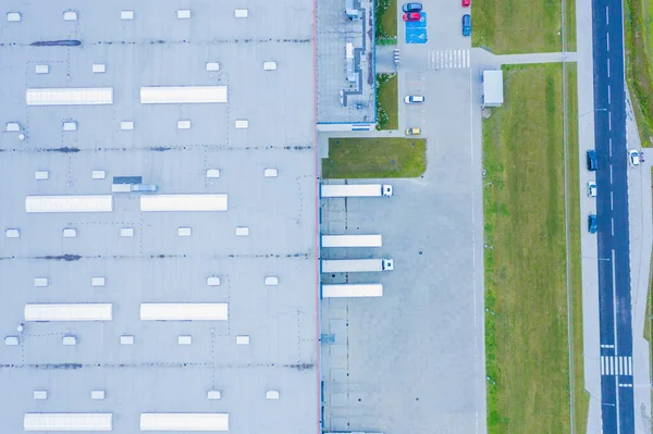 Aerial Shot Industrial Warehouse Loading Dock Many Truck Semi Trailers — Stock Photo, Image