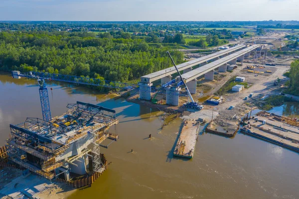 Vista Aérea Del Puente Carretera Construcción Polonia Varsovia Wilanow Carretera — Foto de Stock