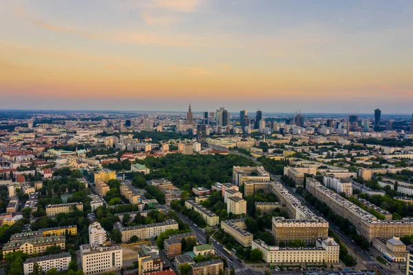 Warschau Polen Hoofdstad Stad Drone Luchtfoto Zomer Zonsondergang — Stockfoto