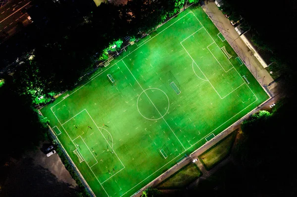 Estadio Fútbol Nocturno Por Noche Vista Aérea Desde Dron — Foto de Stock