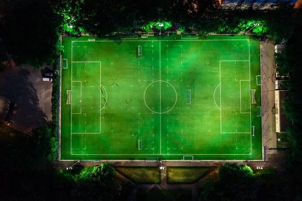 Estadio Fútbol Nocturno Por Noche Vista Aérea Desde Dron —  Fotos de Stock
