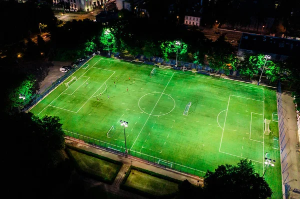 Estadio Fútbol Nocturno Por Noche Vista Aérea Desde Dron —  Fotos de Stock