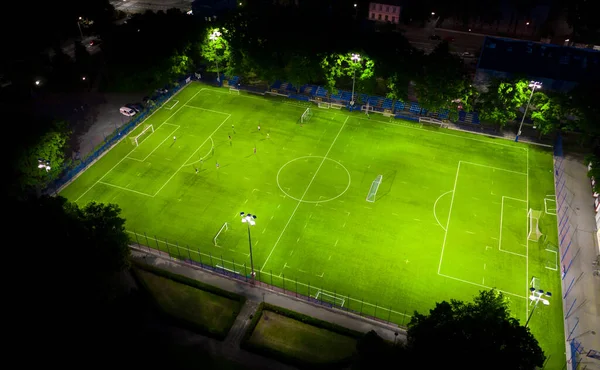 Estadio Fútbol Nocturno Por Noche Vista Aérea Desde Dron —  Fotos de Stock