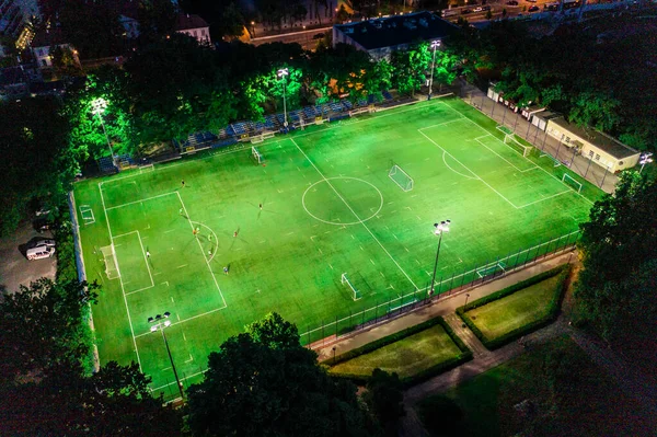 Estadio Fútbol Nocturno Por Noche Vista Aérea Desde Dron —  Fotos de Stock