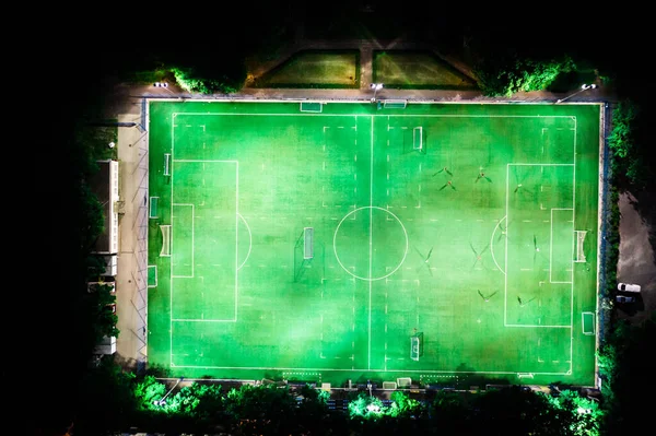 Estadio Fútbol Nocturno Por Noche Vista Aérea Desde Dron —  Fotos de Stock
