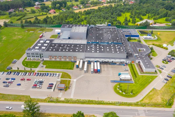 Flygfoto Över Varuhuset Logistikcenter Industristadszon Ovanifrån Flygfoto Över Lastbilslastning Logistikcenter — Stockfoto