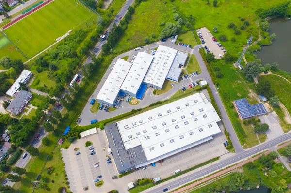 Uitzicht Vanuit Lucht Modern Magazijn Met Zonnepanelen Het Dak Logistiek — Stockfoto