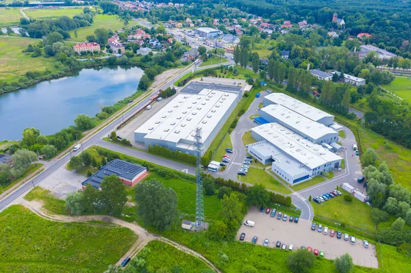 Uitzicht Vanuit Lucht Modern Magazijn Met Zonnepanelen Het Dak Logistiek — Stockfoto