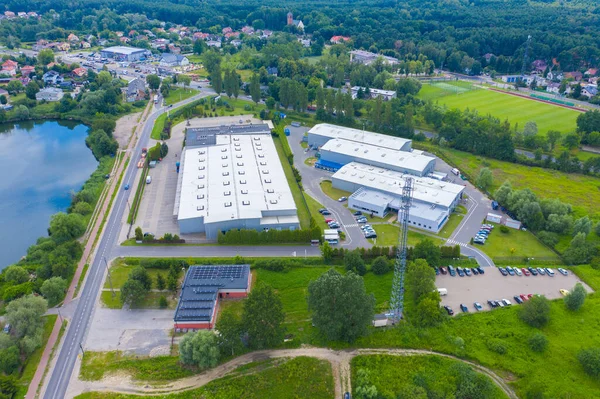 Uitzicht Vanuit Lucht Modern Magazijn Met Zonnepanelen Het Dak Logistiek — Stockfoto